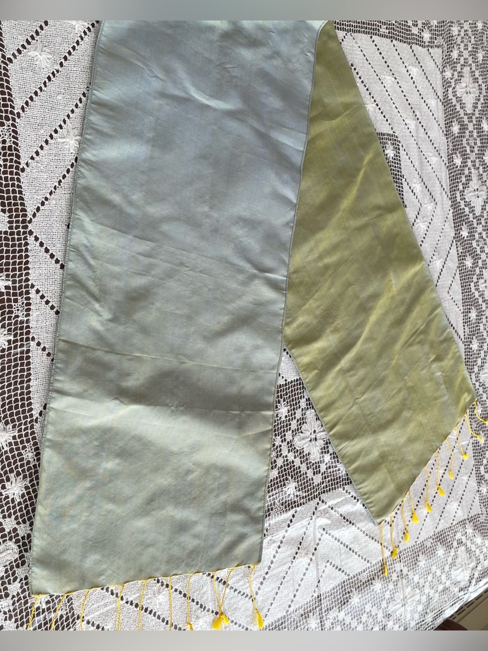Cambodian 100% Handwoven Silk Reversible Scarf in Pale Blue & Olive yellow Green